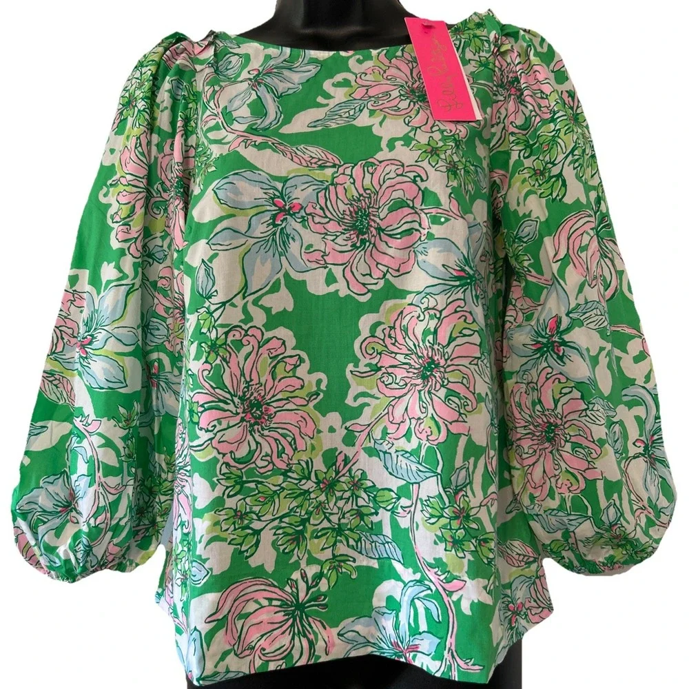Lilly Pulitzer Barbara Top in Spearmint Blossom Puff Sleeve Size 00 NWT